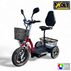 Електрическа триколка Volt Electric A3 Traffic PRO RGB 750W, дисплей, крачна спирачка, 2 кошници, LED светлини, червен металик
