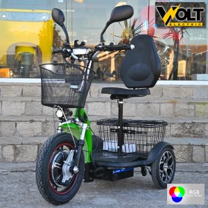 Електрическа триколка Volt Electric A3 Traffic PRO RGB 750W, дисплей, крачна спирачка, 2 кошници, LED светлини, зелен лак