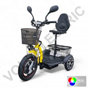 Електрическа триколка Volt Electric A3 Traffic PRO RGB 750W, дисплей, крачна спирачка, 2 кошници, LED светлини, жълта перла NEW MODEL 2025